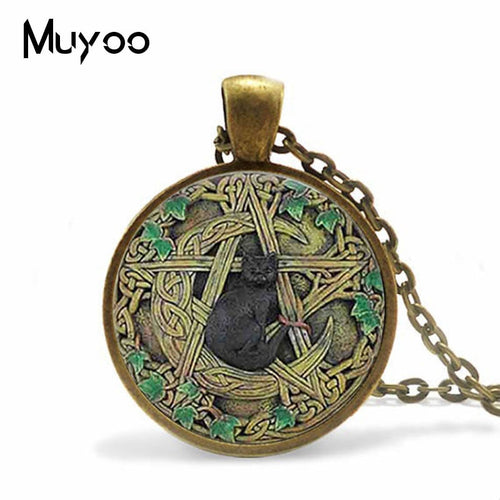 Vintage Pentagram Black Cat Necklace